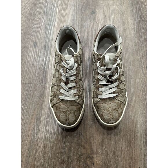 Coach Clip Low Top Sneakers Logo Khaki‎ & Saddle Brown G4967 Sz 9 B - Picture 1 of 9
